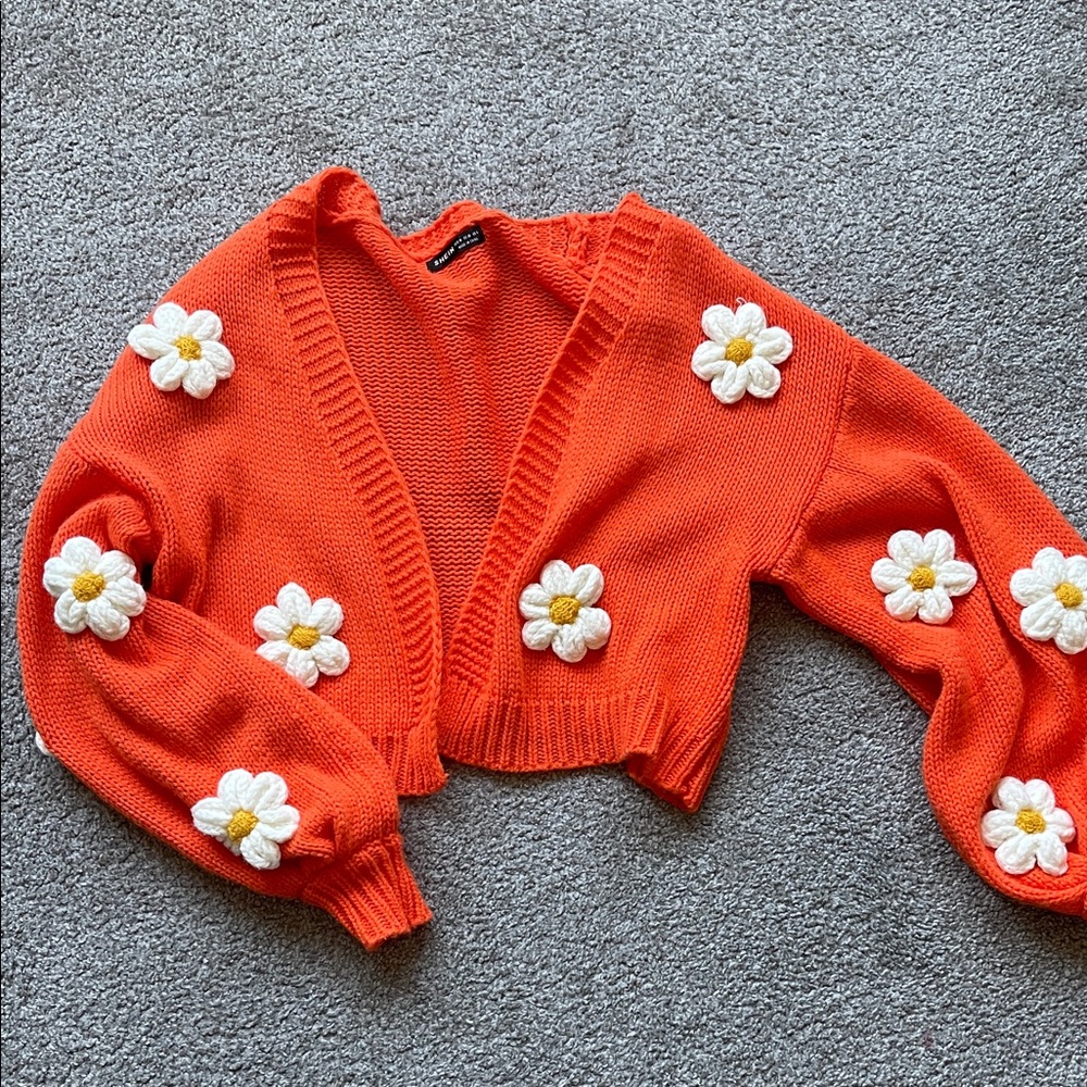 SHEIN Orange Floral Knit Cardigan